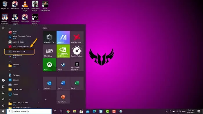 Open the Armory Crate software to turn on keyboard light asus tuf gaming